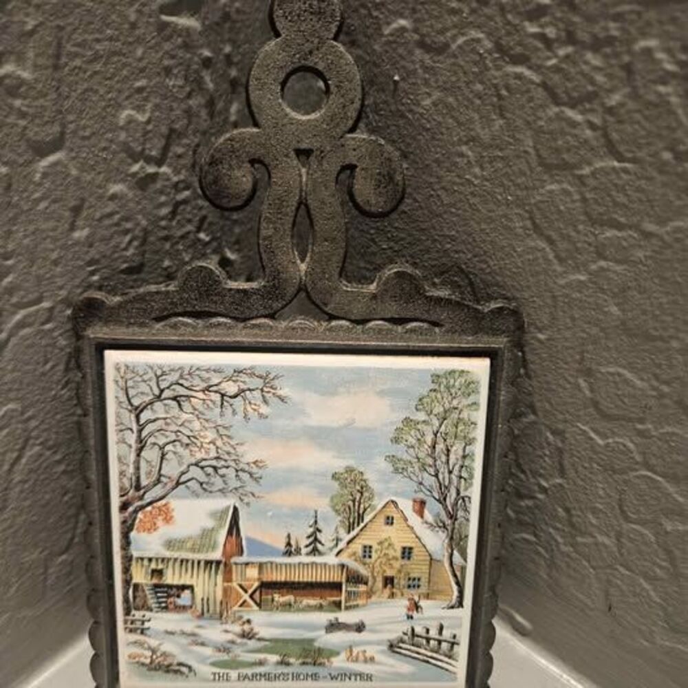 Vintage Enesco Cast Iron Trivet with 'The Farmer's Home - Winter' Ceramic Tile,